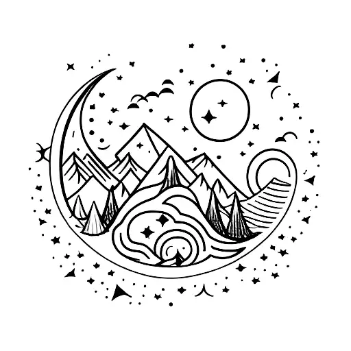 Moutain Range Outline With Crescent Moon And Constellations