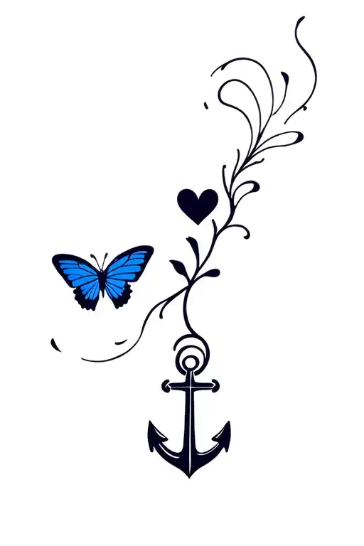 Femine Anchor Tattoo For Wrist With Heart And Blue Butterfly
