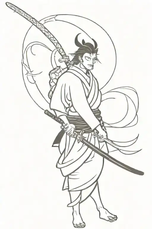 Samurai With Katana And Dragon And Sun