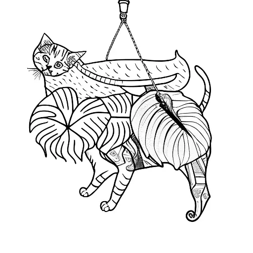 A Blackwork Tattoo Of A Cat Climbing A Monstera Plant