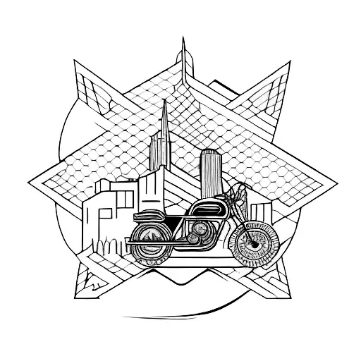 A Motorcycle Riding Through A City Skyline With A Mandala Design In The Background