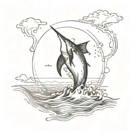 A Detailed Vintage Map Of The Ocean With A Marlin Jumping Out Of The Water