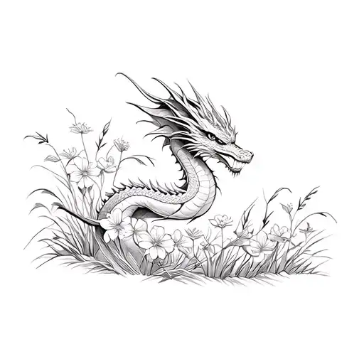Dragon In Flowers And Grass