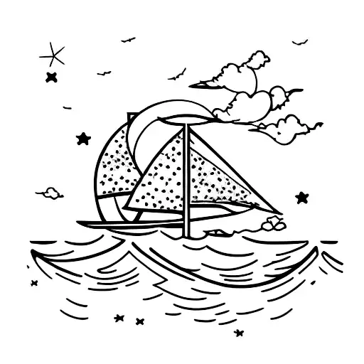 Oak Tree With Stars Above It A Sail Boat In Front And A Manta Ray Below