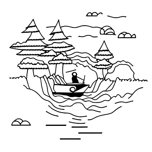 Person Fishing From A Boat On A Lake With Trees On The Sides