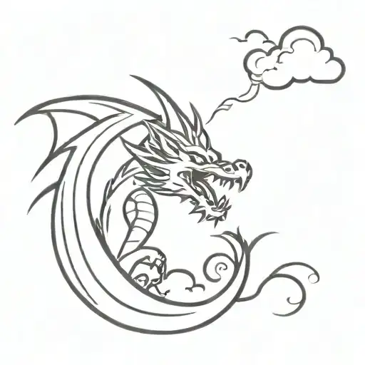 A Dragon Breathing Fire While Flying Through Stormy Clouds In A Minimalist Style