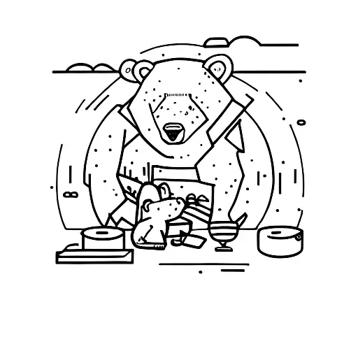 Bear Sitting At A Table Sanding It With Binoculars Around His Neck