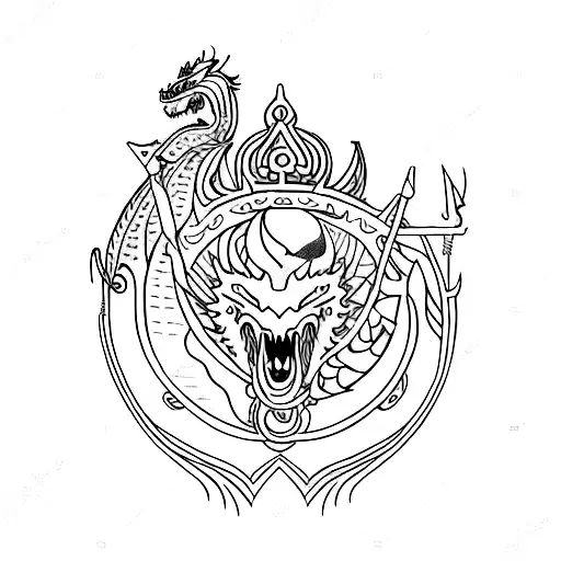 Dragon Arounds The Swords With Moon And Crown