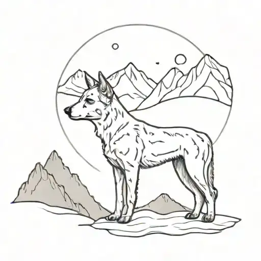 Red Heeler Sitting Infront Of Mountains With Sun Rising