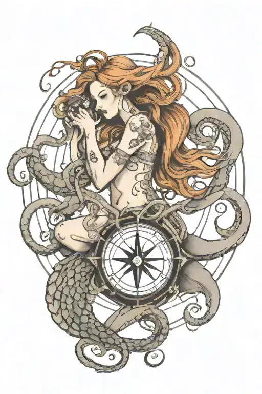 Mermaid Swimming With Octopus Holding A Compass Simple