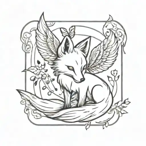Small Fox With Angel Wings And Butterfly Flying Across