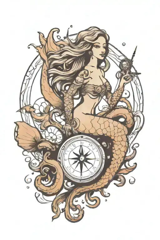 Mermaid Swimming With Octopus Holding A Compass Simple