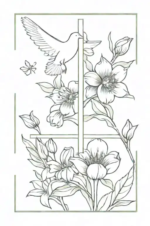Fine Line Cross With Daisys & Tulips And A Dove With An Olive Branch