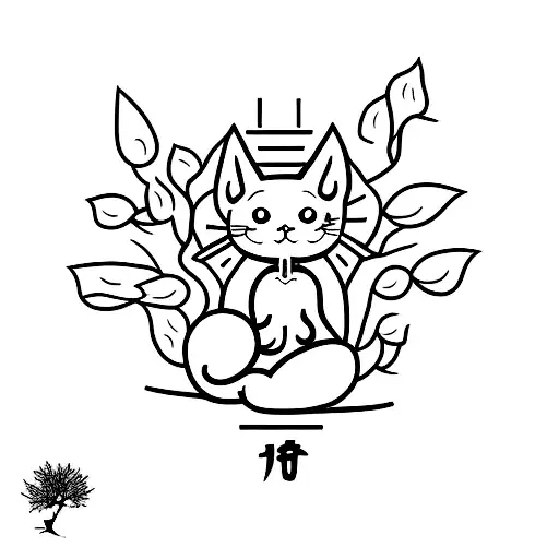 A Minimalist Tattoo Design Of A Cat Meditating Under A Bonsai Tree