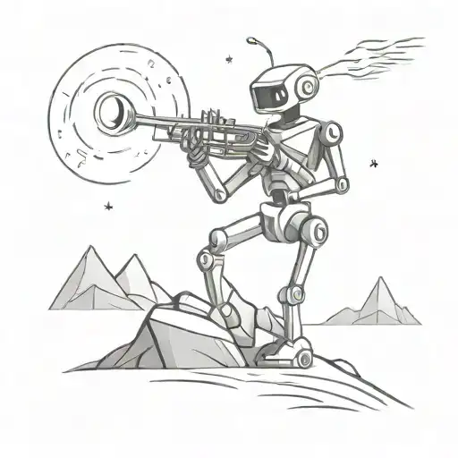 Create A Black-grey Tattoo Of A Robot Playing A Saxophone On An Alien Planet Landscape