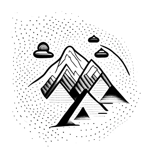 A Dotwork Tattoo Of A Vintage Car Driving Around The Globe With Mountain Peaks In The Background