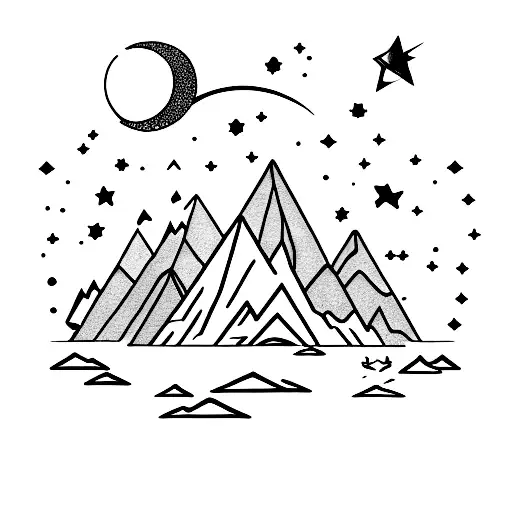 Jagged Mountains With A Cresent Moon And Stars