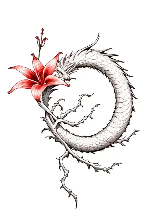 Red Spiderlily Flower And Vine Wood Wrapped Around A Dragon