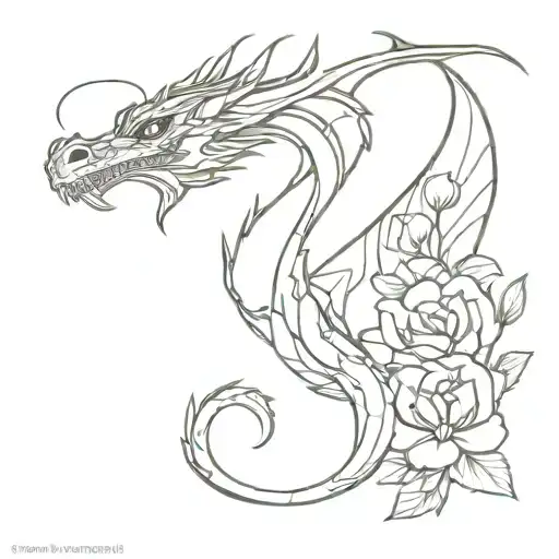 Simple Line Drawing Of A Dragon Wrapped Around Flowers
