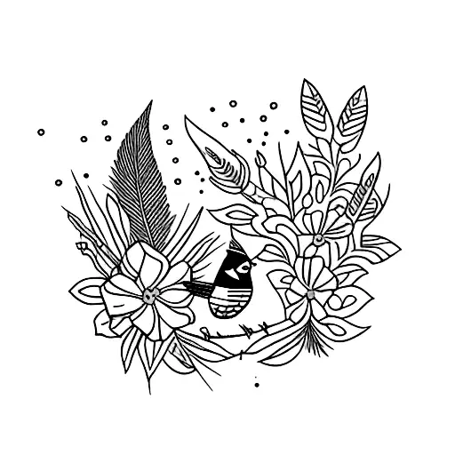 Cardinal And Hummingbird With Flowers