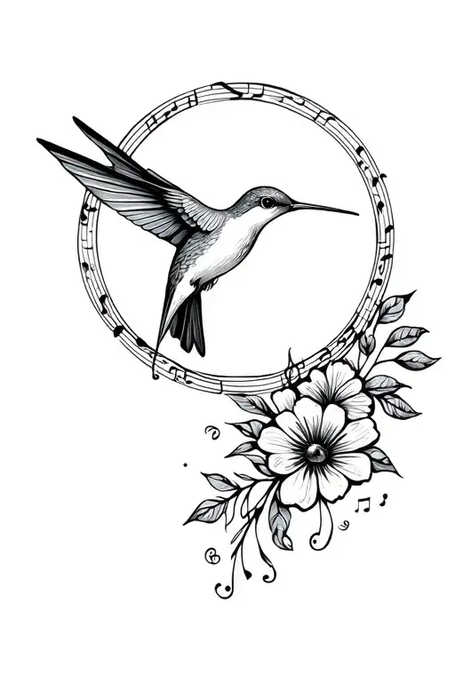 Hummingbird With Circular Frame Of Music And Flowers