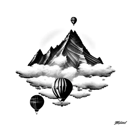 A Realistic Depiction Of A Mountain Range With A Hot Air Balloon Floating Above