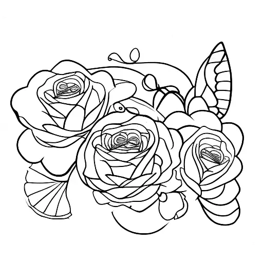 A Fine Line Tattoo Of A Bouquet Of Flowers With A Butterfly Flying Above It Small