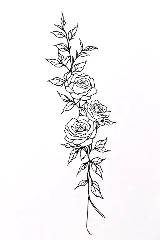 Rose Flowers Fine Line Spine Tattoo With Flowers