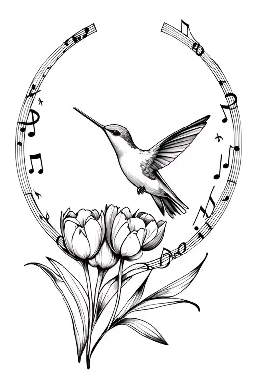 Hummingbird With Circular Frame Of Music And Tulips