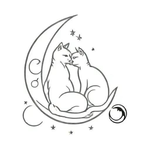 Black Cat Kissing White Cat Sitting On The Moon Phases