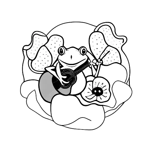 Frog Sitting On A Rock With A Guitar Behind And A Poppy