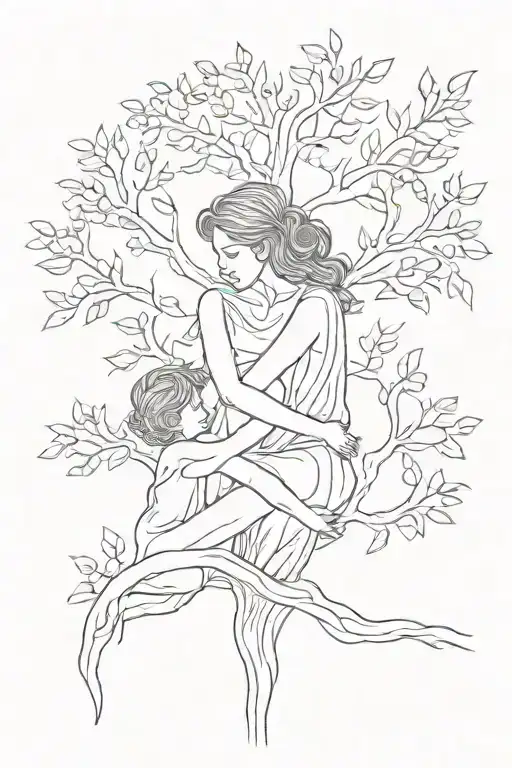 Mother Embracing Boy And Girl Tree Growing
