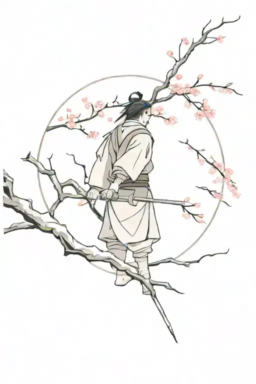 Lonely Ronin Samurai Next To Cherry Blossom Tree With Red Moon Behind Him