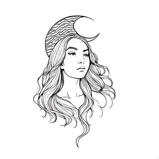A Woman With Long Hair And A Crescent Moon