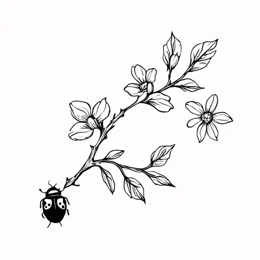 Flower And Ladybug On A Branch