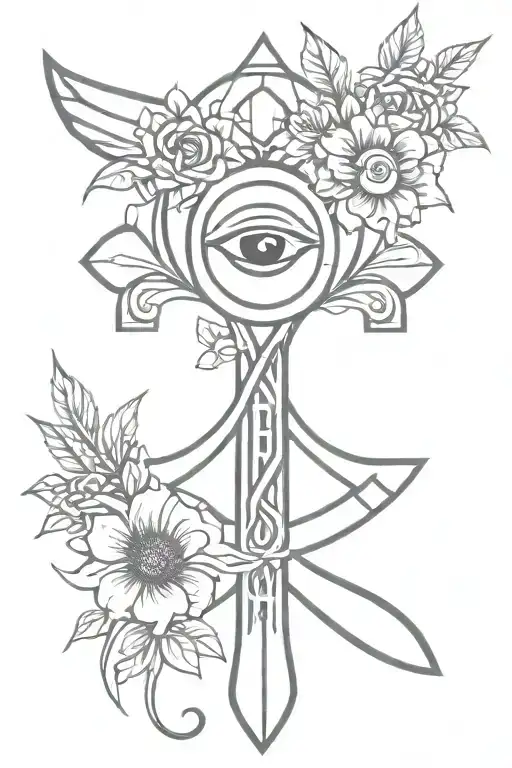 Ankh Symbol With Eye Of Horus And Flowers