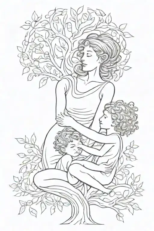Mother Embracing Boy And Girl Tree Growing