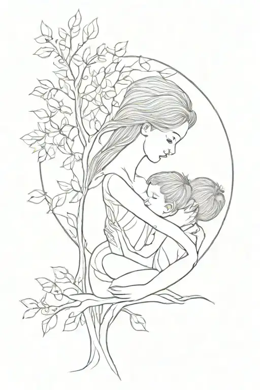 Mother Embracing Boy And Girl Tree Growing
