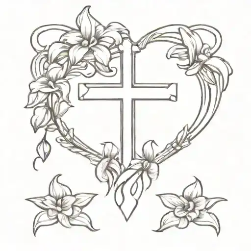 Violets And Irises Forming Into A Heart Around A Christian Cross