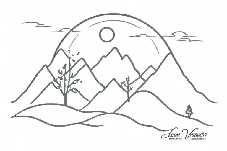 Sun Wave Mountain Tree Minimalist Tattoo Design Featuring In A Line Vertically
