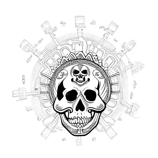 A Narco-themed Tattoo Featuring A Skull Surrounded By Money Bags In A Dotwork Style