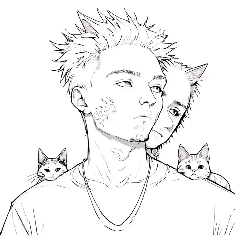 Punk Rock Young Man With Gang Of Cats