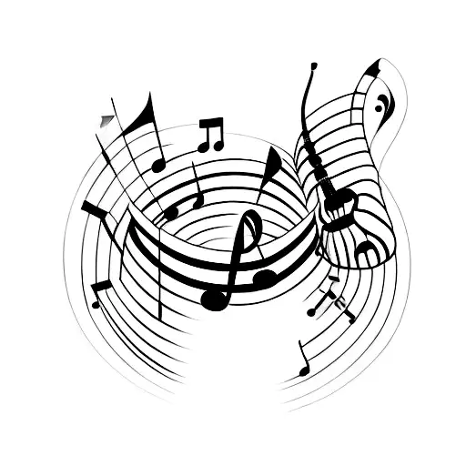 An Abstract Design Incorporating Musical Notes And A Guitar Silhouette