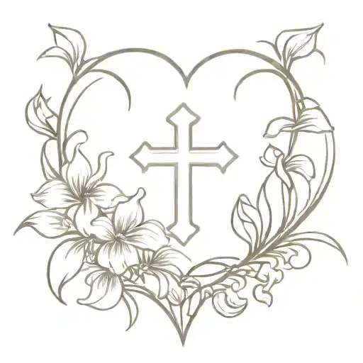 Violets And Irises Forming Into A Heart Around A Christian Cross