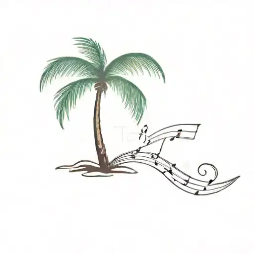 A Minimalist Tattoo Of A Palm Tree Silhouette With Musical Notes Intertwined In The Branches