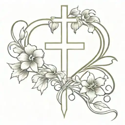 Violets And Irises Forming Into A Heart Around A Christian Cross