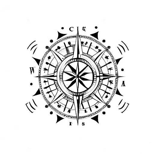 Compass With A Crescent Moon As The Border And A Wave Pattern For The East-west Line