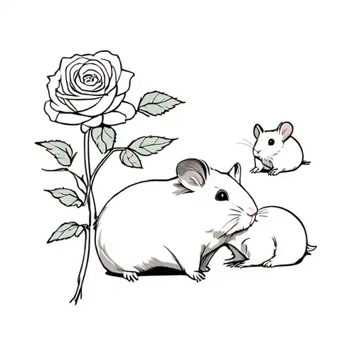 A Guinea Pig With Two Hamsters And A Rose