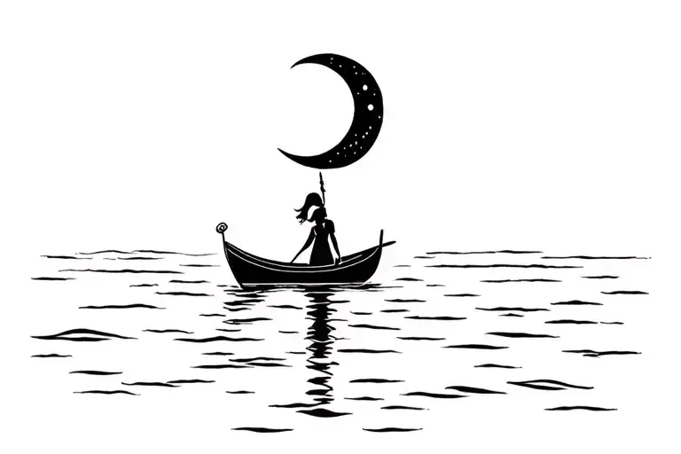 Moon With A Handle Connecting To A Girl In A Boat Underneath