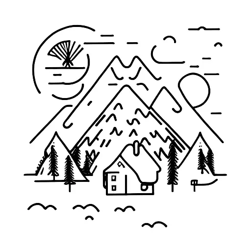 A Minimalist Tattoo Of A Cozy Danish Hygge Scene In The Midst Of Nature And Mountains